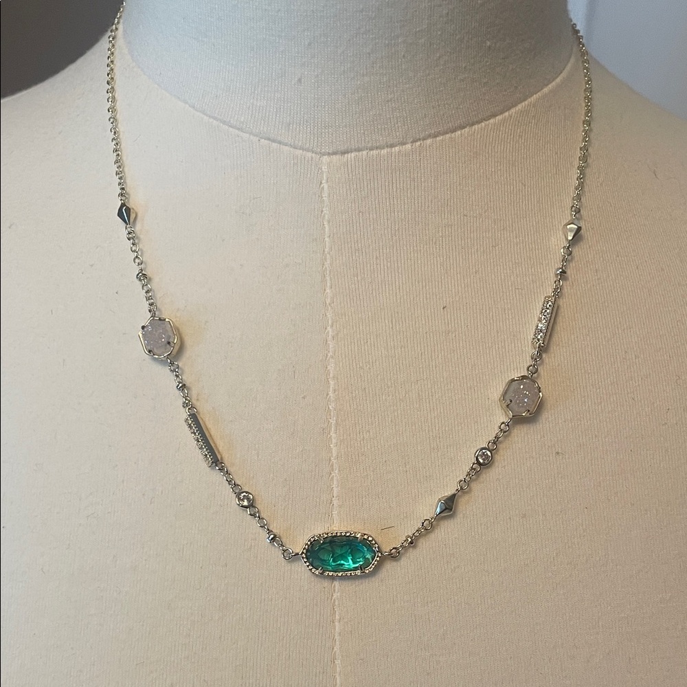 Kendra Scott Silver Necklace with Emerald Green Glass Pendant NWT